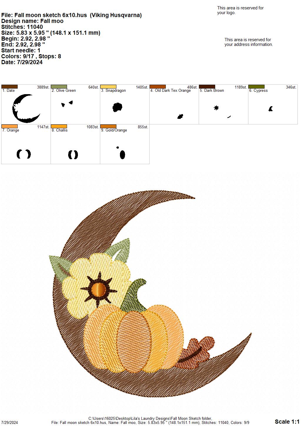 Fall Moon Sketch - 3 Sizes - Digital Embroidery Design