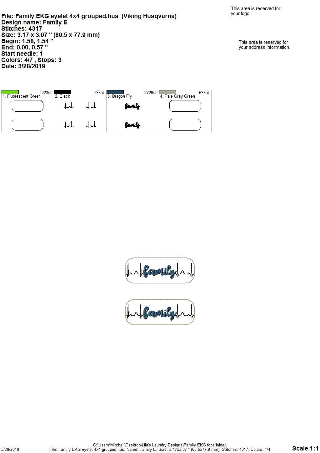 Family ekg snap tab Fobs - Embroidery Design - DIGITAL Embroidery DESIGN