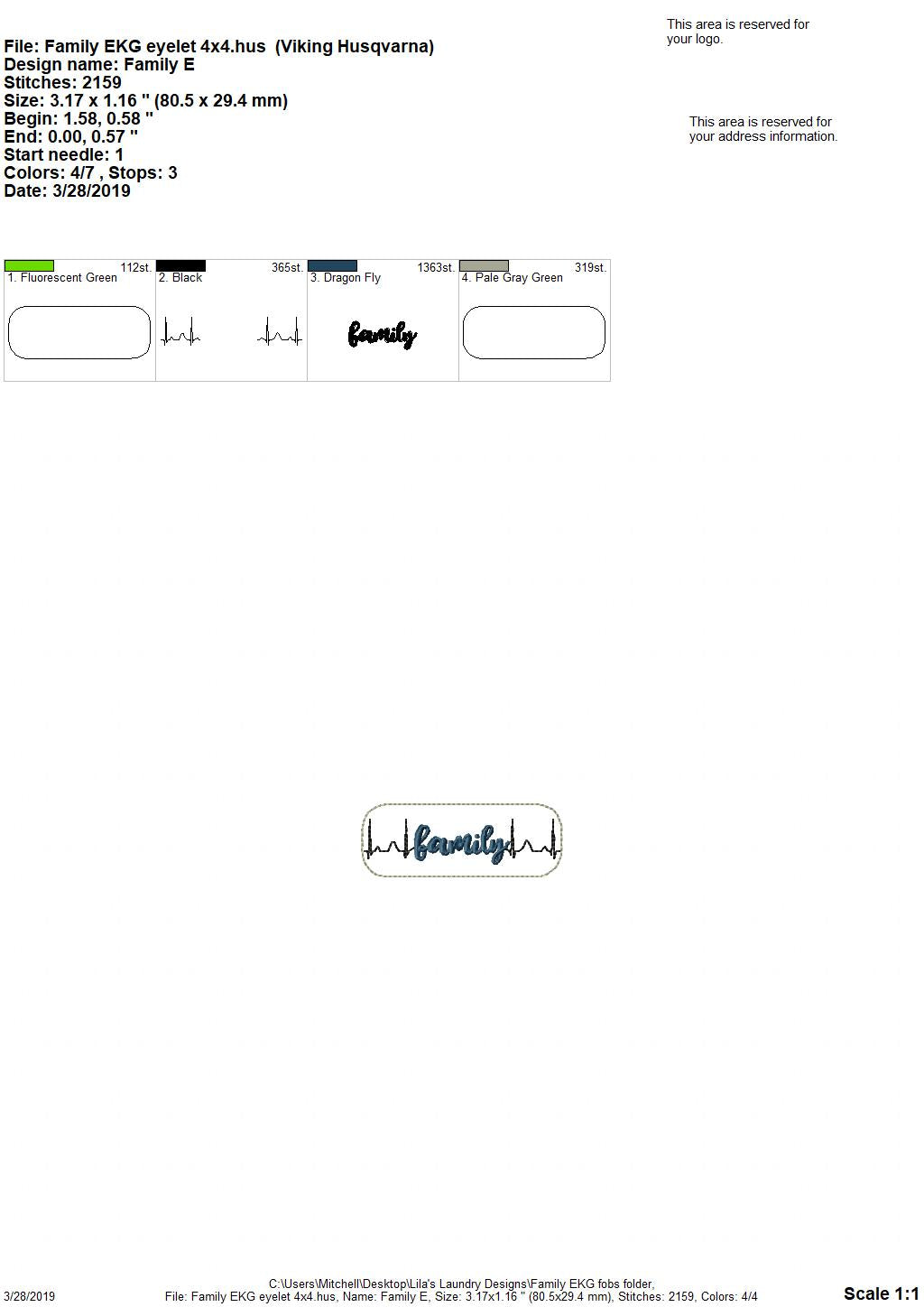 Family ekg snap tab Fobs - Embroidery Design - DIGITAL Embroidery DESIGN