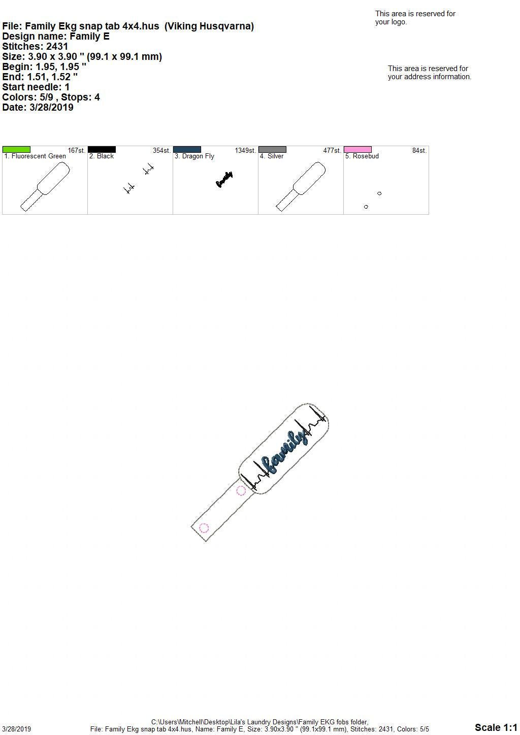 Family ekg snap tab Fobs - Embroidery Design - DIGITAL Embroidery DESIGN