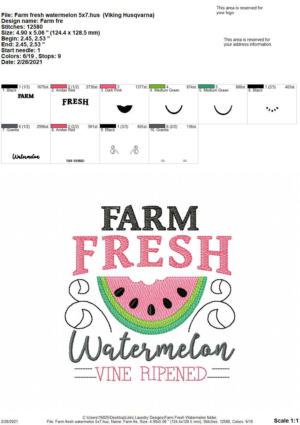 Farm Fresh Watermelon - 3 sizes- Digital Embroidery Design