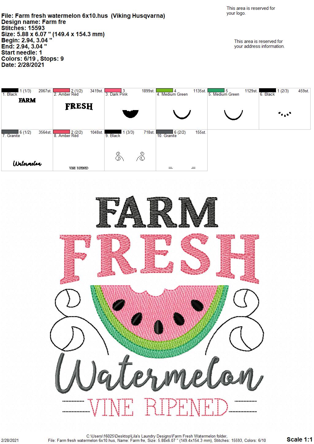 Farm Fresh Watermelon - 3 sizes- Digital Embroidery Design