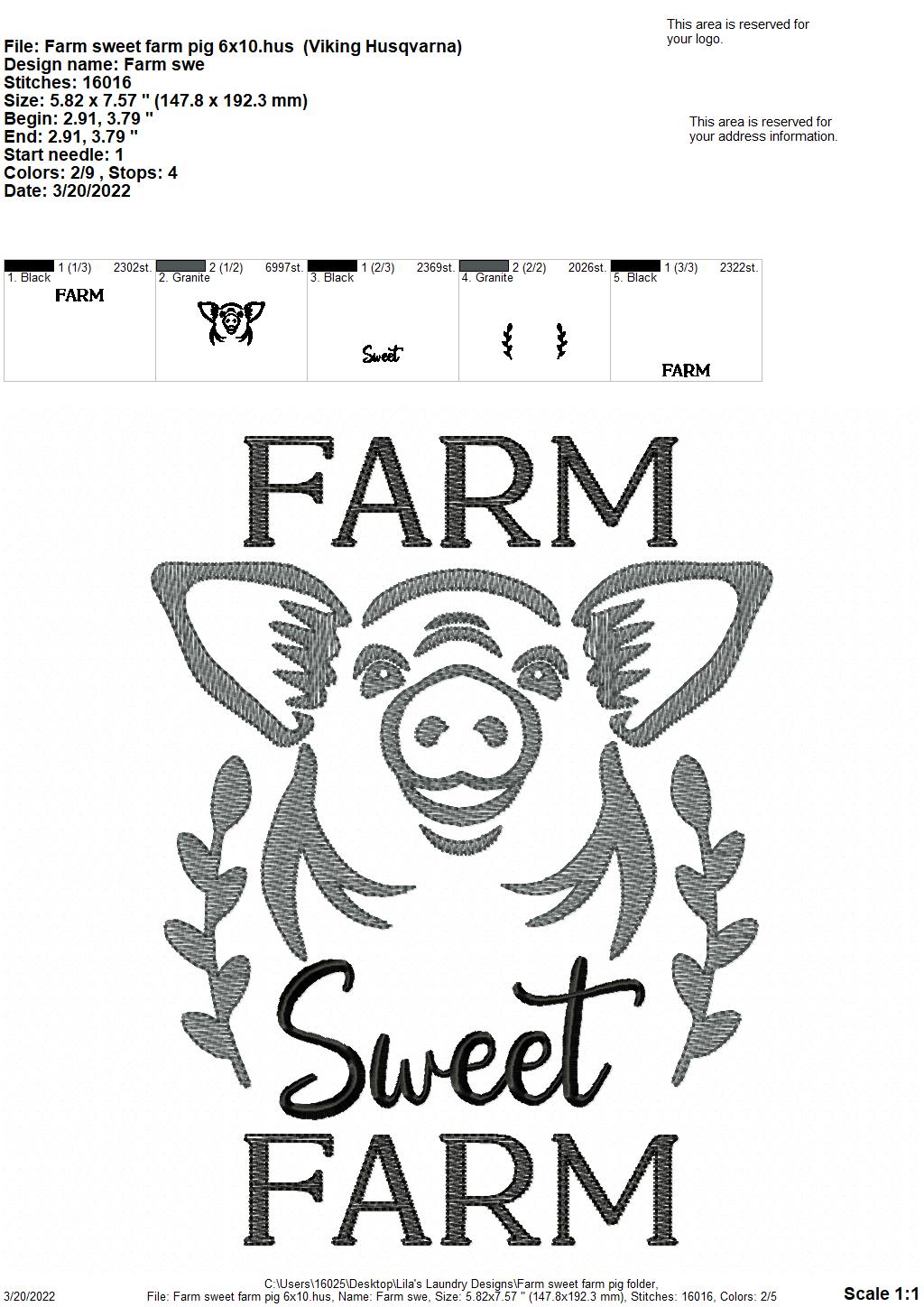 Farm Sweet Farm Pig - 3 sizes- Digital Embroidery Design