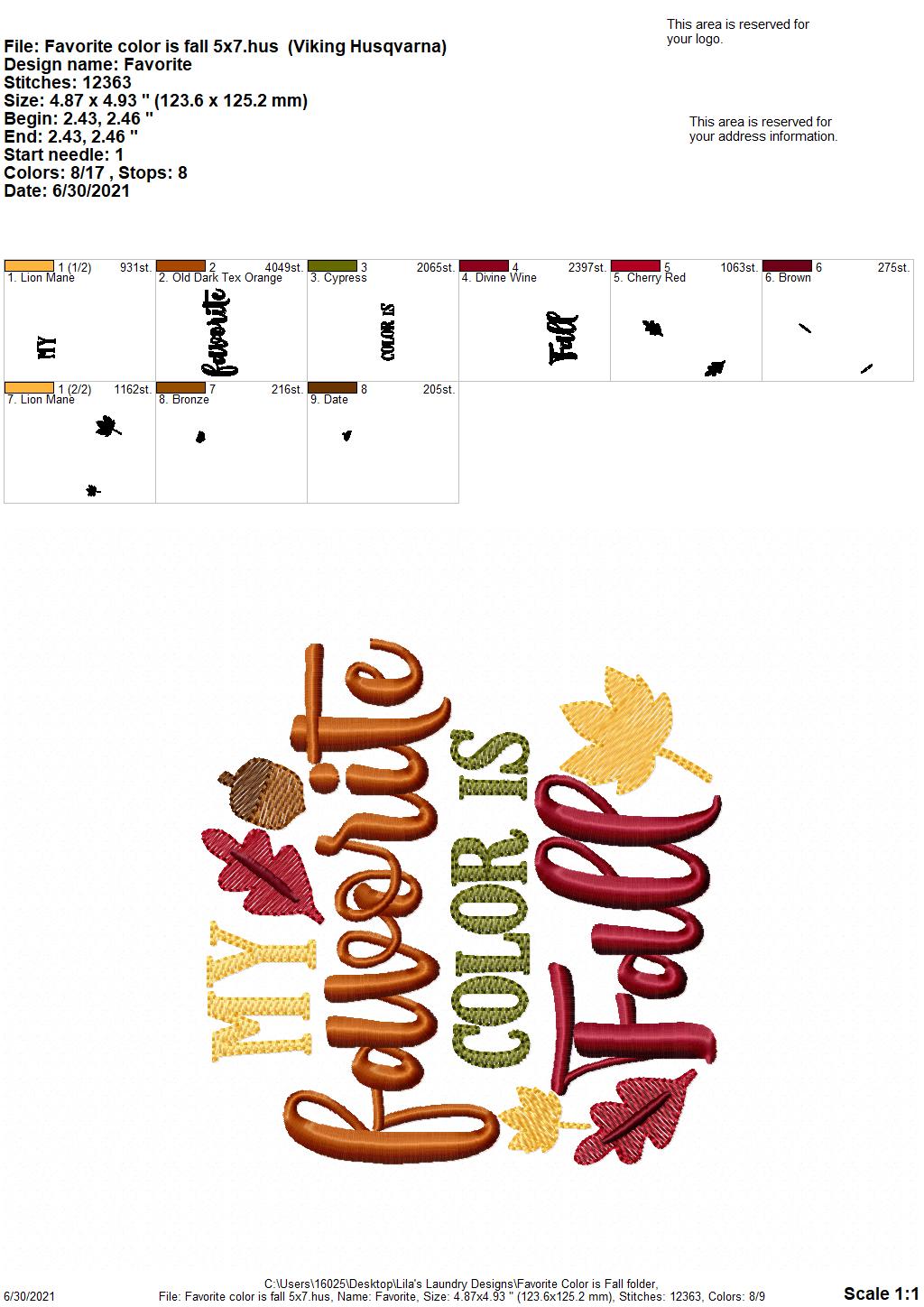 My Favorite Color is Fall - 4 sizes- Digital Embroidery Design