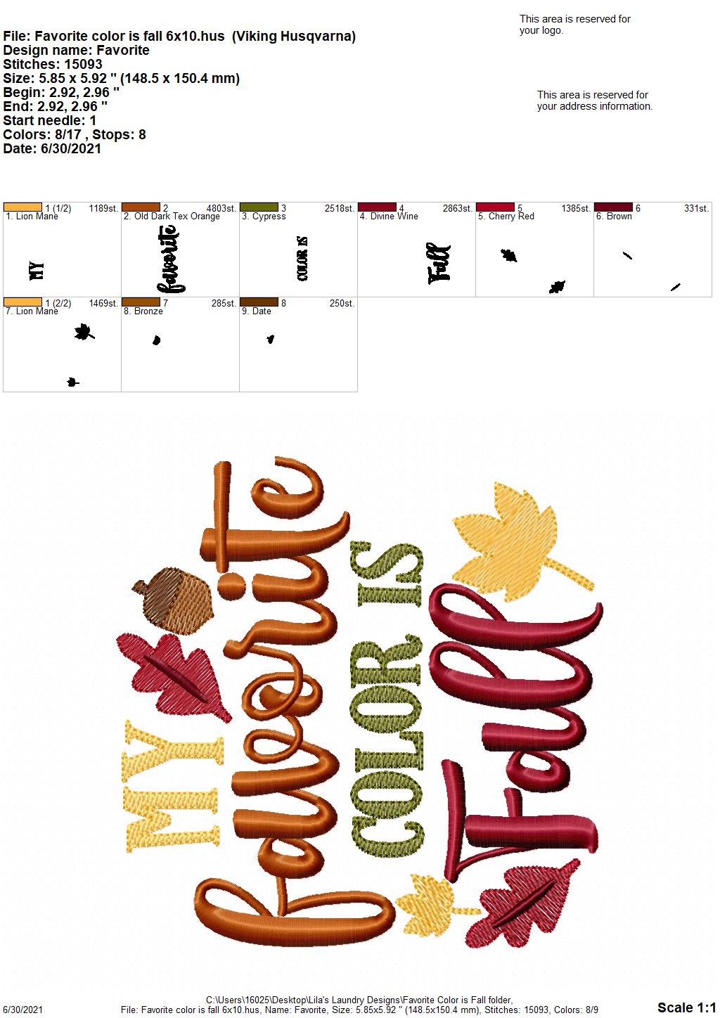 My Favorite Color is Fall - 4 sizes- Digital Embroidery Design