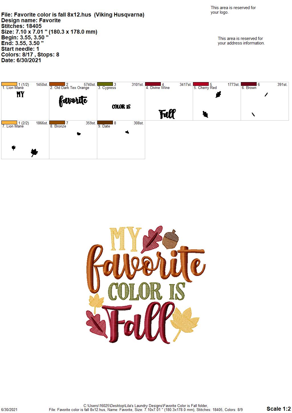 My Favorite Color is Fall - 4 sizes- Digital Embroidery Design