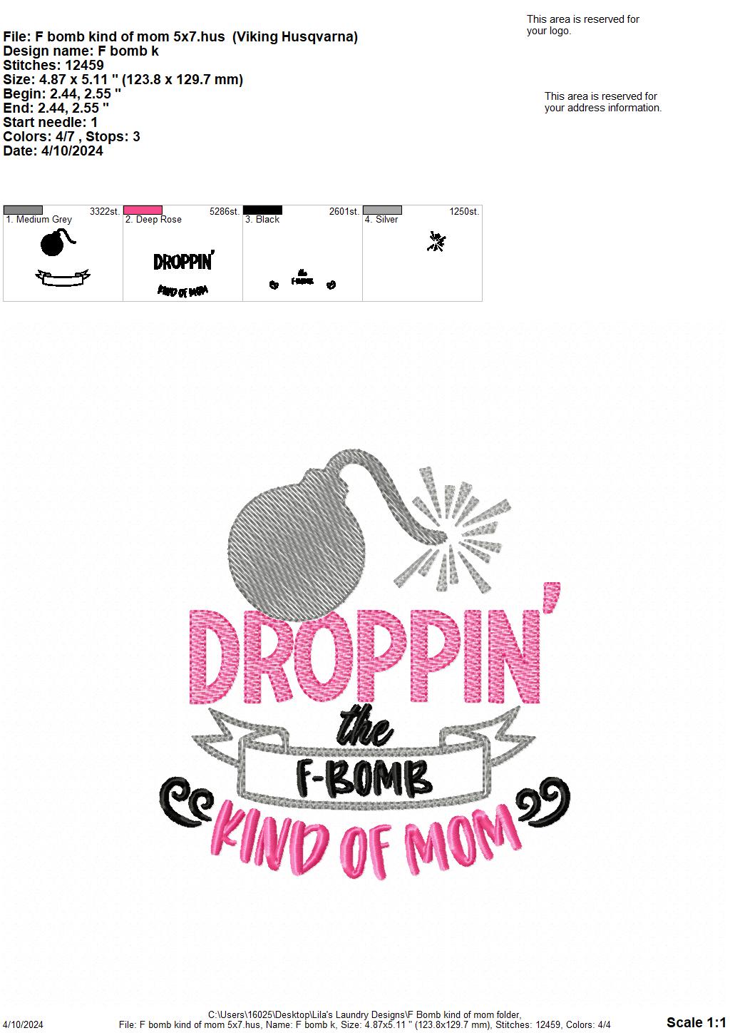F-Bomb Kind of Mom - 4 Sizes - Digital Embroidery Design