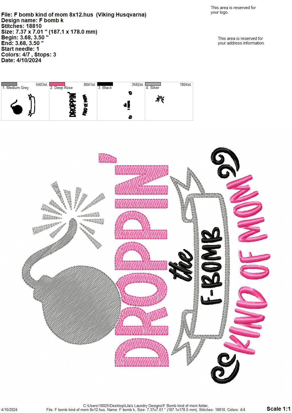 F-Bomb Kind of Mom - 4 Sizes - Digital Embroidery Design
