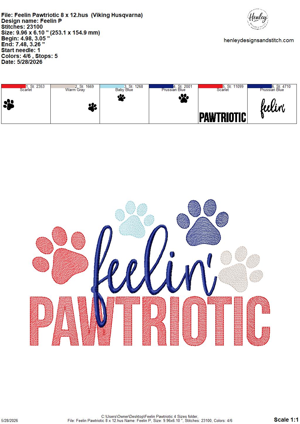 Sketch Feelin' Pawtriotic - 4 x 4, 5 x 7, 6 x 10 and 8 x 12 - DIGITAL Embroidery Design