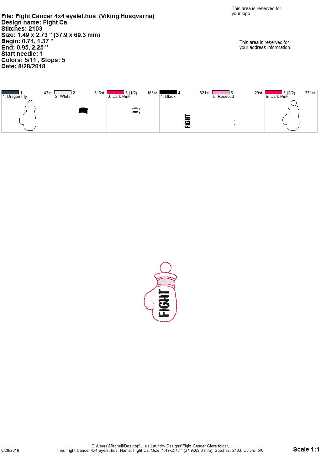 Fight Boxing Glove Cancer Awareness fobs - Digital Embroidery Design
