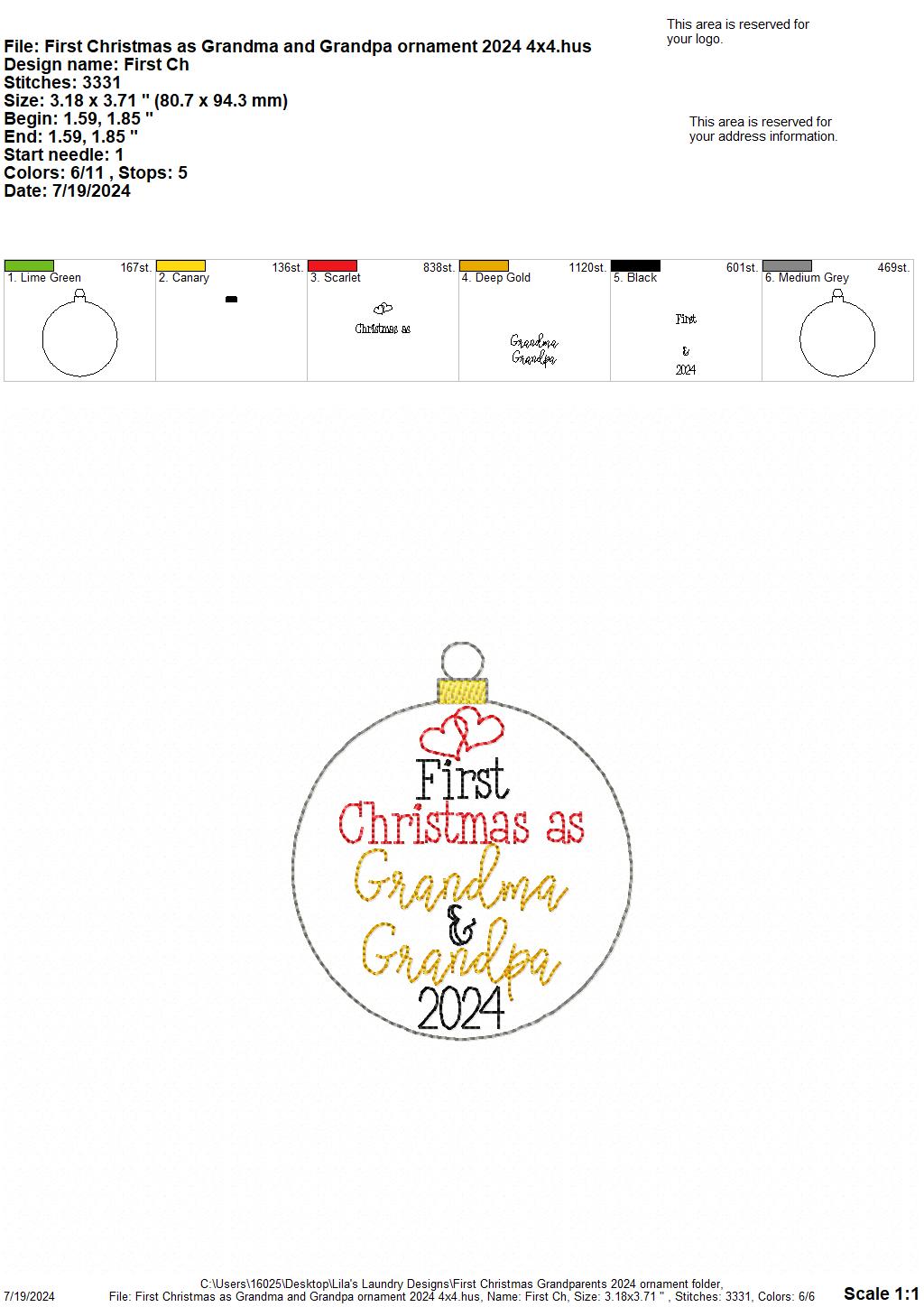 First Christmas As Grandma & Grandpa 2024 Ornament - Digital Embroidery Design
