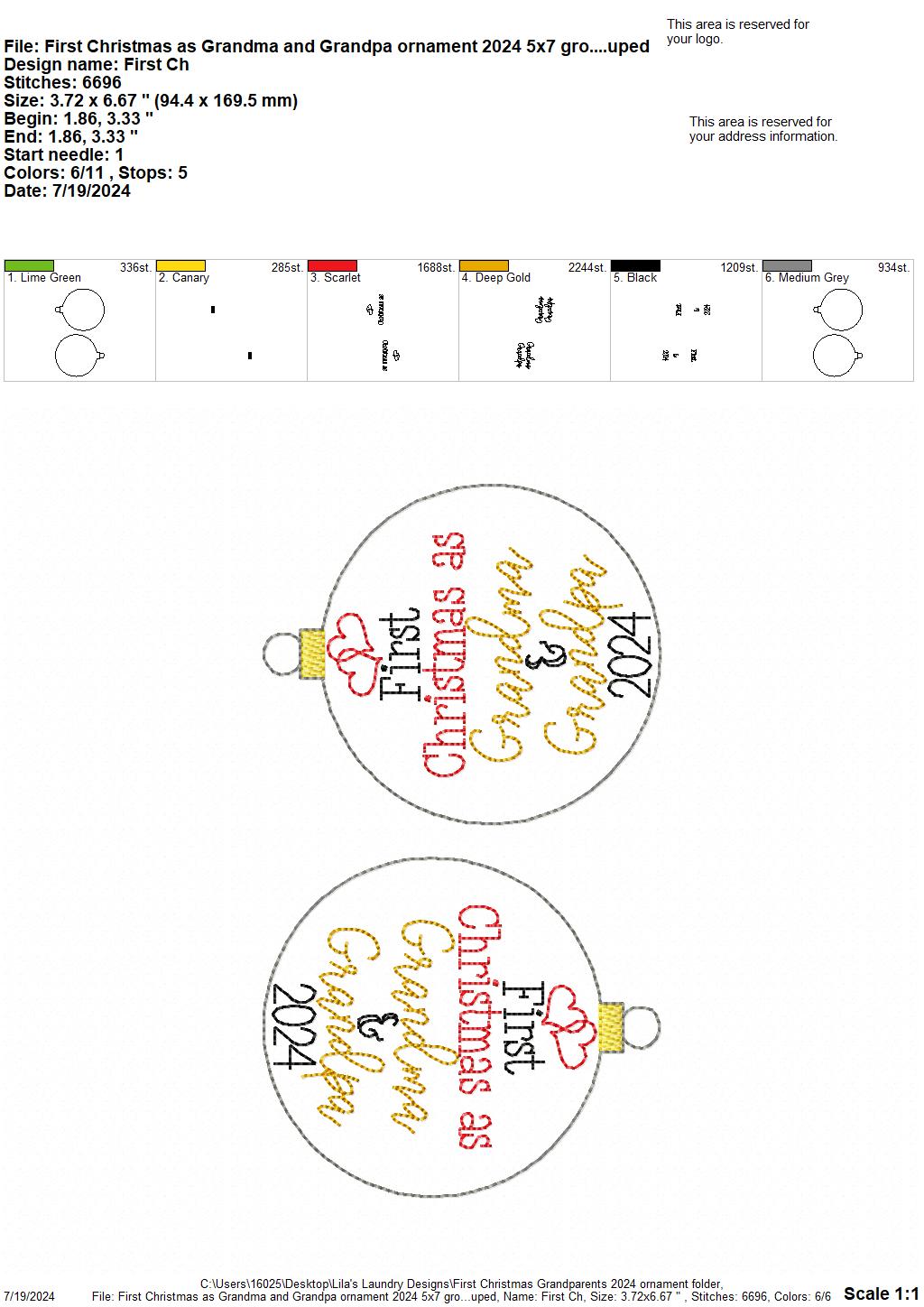 First Christmas As Grandma & Grandpa 2024 Ornament - Digital Embroidery Design