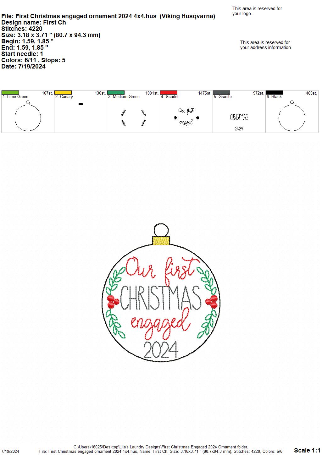 First Christmas Engaged 2024 Ornament - Digital Embroidery Design