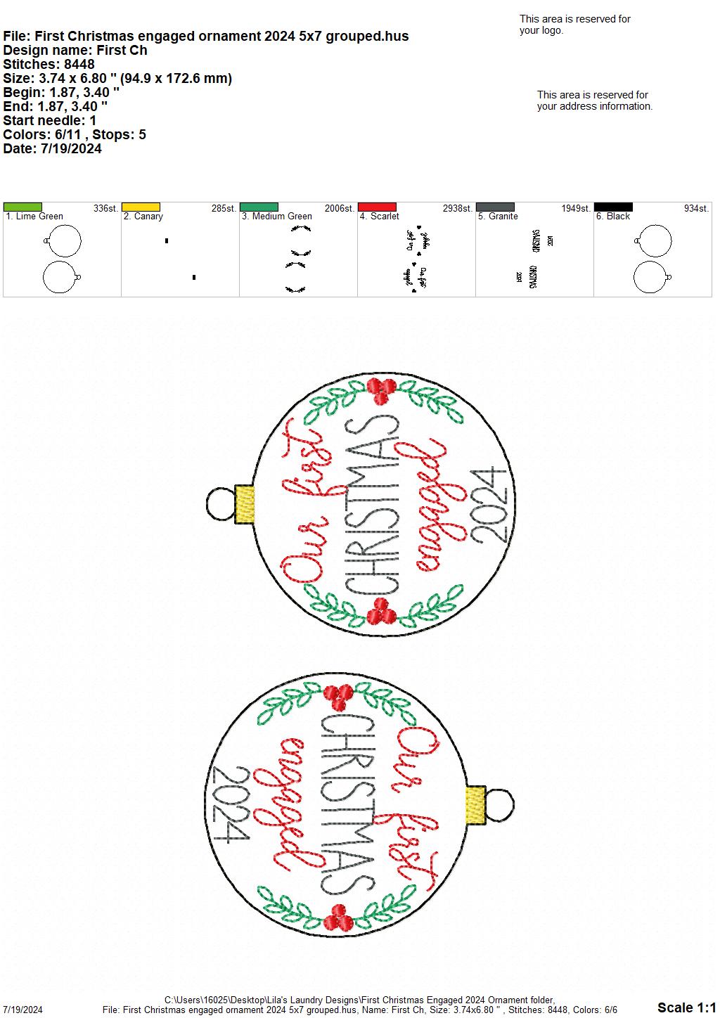 First Christmas Engaged 2024 Ornament - Digital Embroidery Design