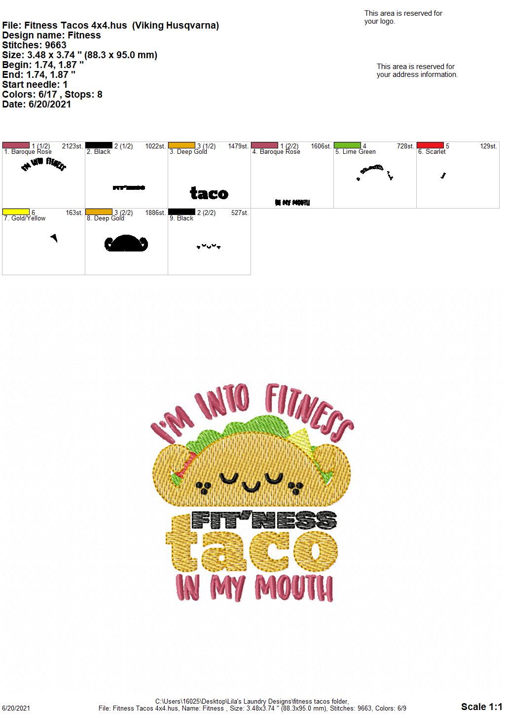 Fitness Tacos - 4 sizes- Digital Embroidery Design