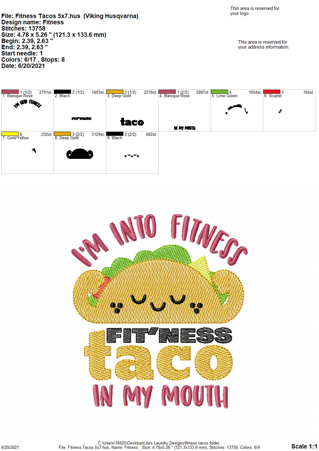 Fitness Tacos - 4 sizes- Digital Embroidery Design