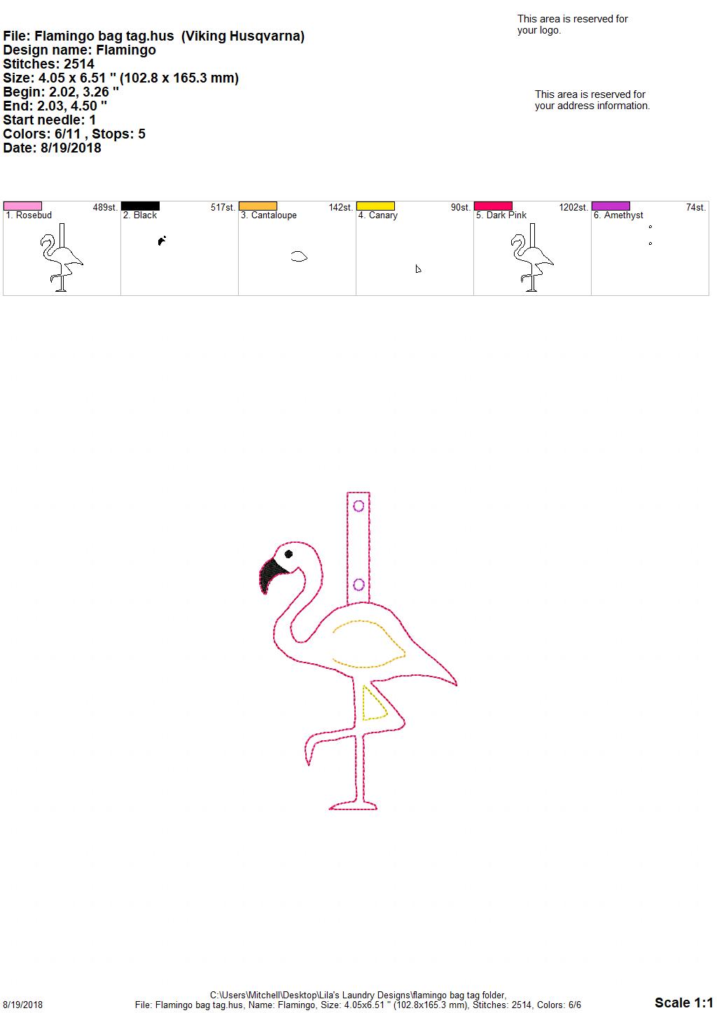 Flamingo Bag Tag 5x7 Only - Digital Embroidery Design