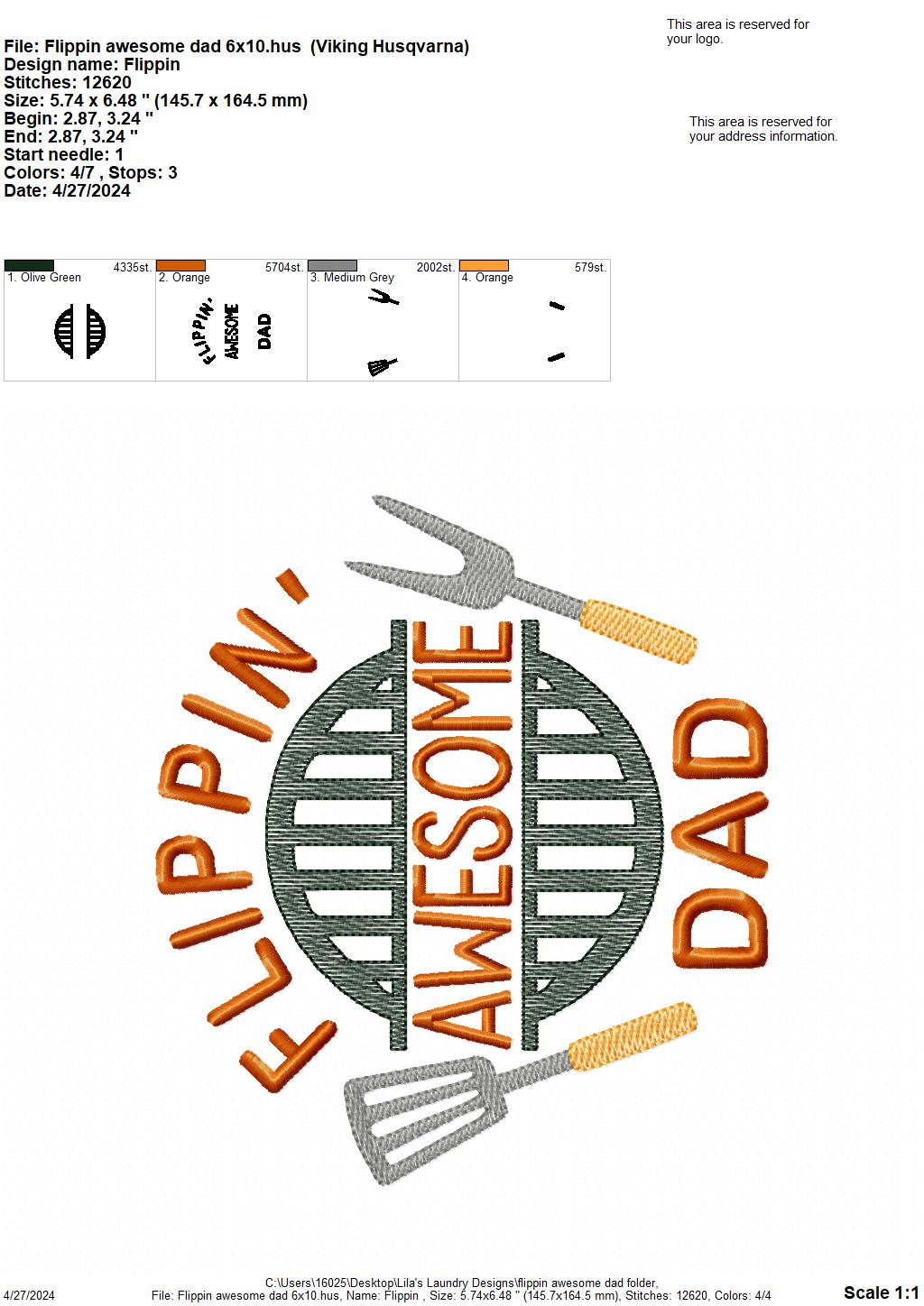 Flippin' Awesome Dad - 4 Sizes - Digital Embroidery Design