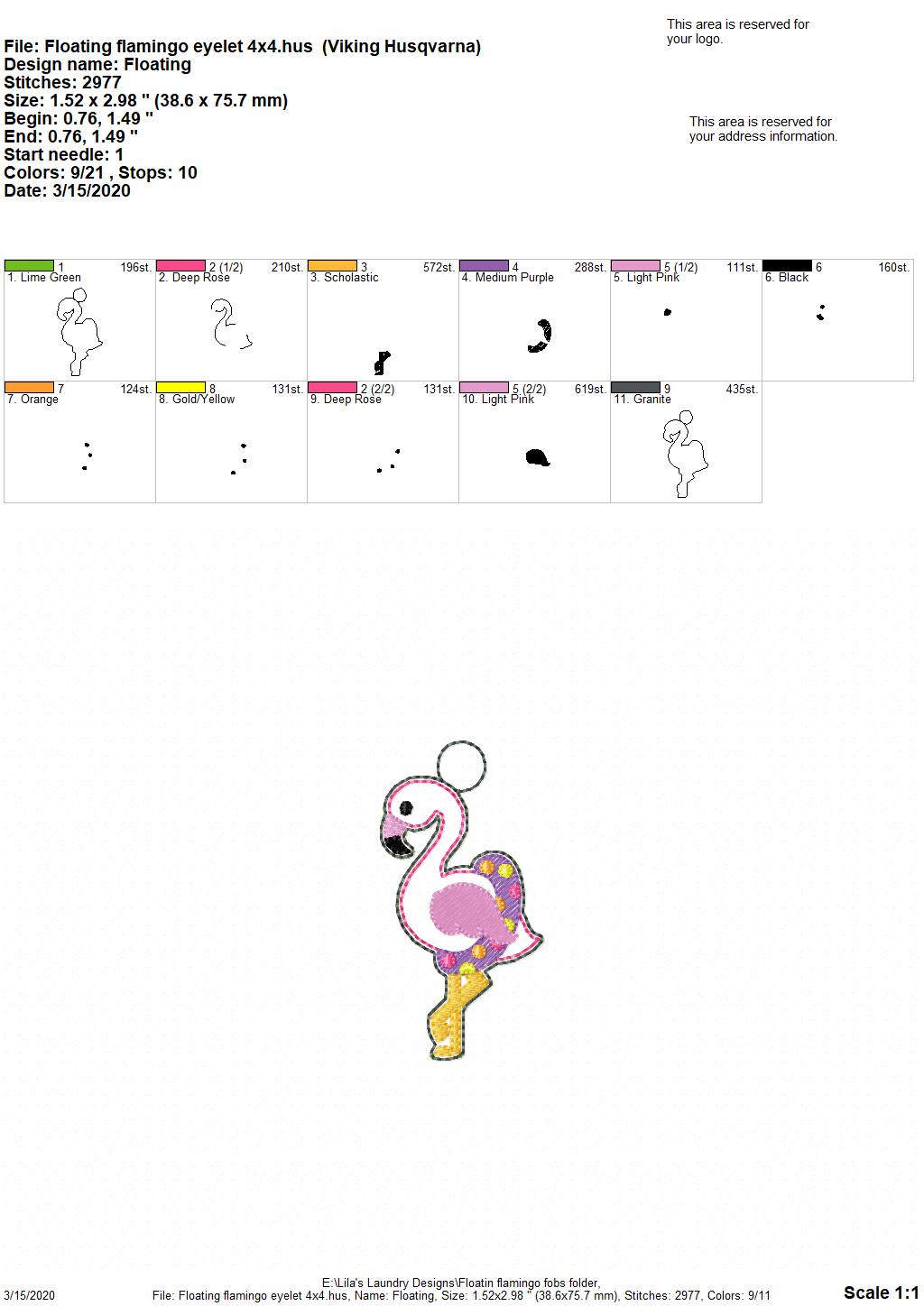Floating Flamingo Fobs -  DIGITAL Embroidery DESIGN