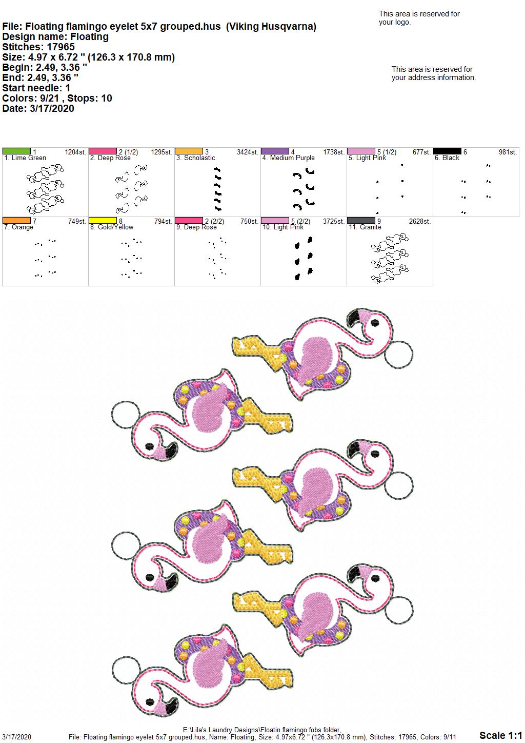 Floating Flamingo Fobs -  DIGITAL Embroidery DESIGN