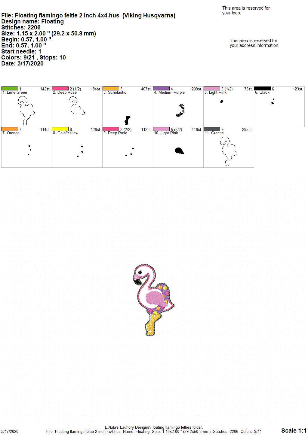 Floating Flamingo Felties - 3 sizes - 4x4 and 5x7 Grouped- Digital Embroidery Design