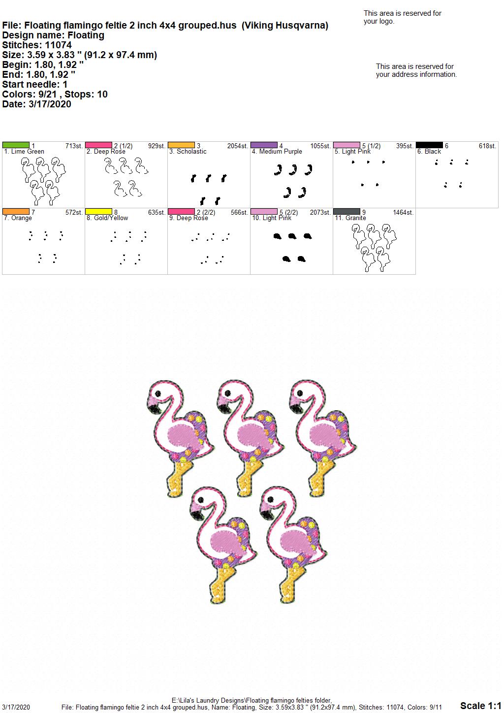 Floating Flamingo Felties - 3 sizes - 4x4 and 5x7 Grouped- Digital Embroidery Design