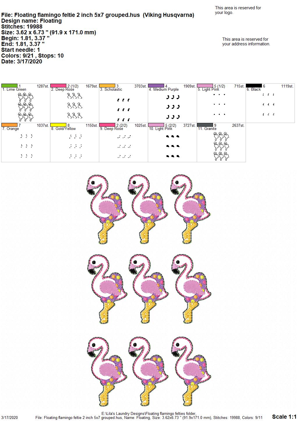 Floating Flamingo Felties - 3 sizes - 4x4 and 5x7 Grouped- Digital Embroidery Design