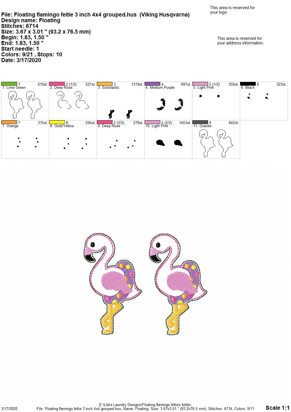 Floating Flamingo Felties - 3 sizes - 4x4 and 5x7 Grouped- Digital Embroidery Design