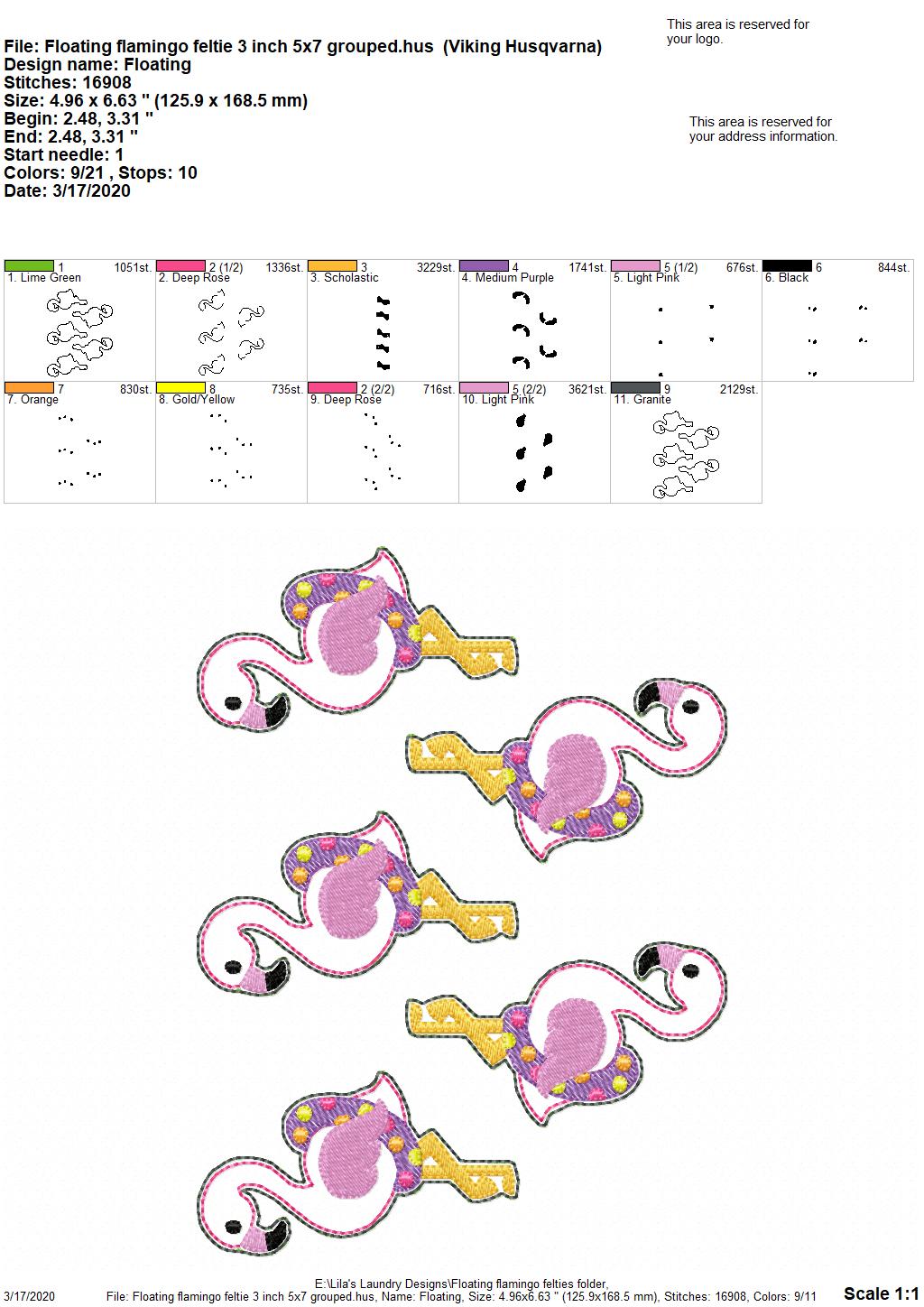 Floating Flamingo Felties - 3 sizes - 4x4 and 5x7 Grouped- Digital Embroidery Design