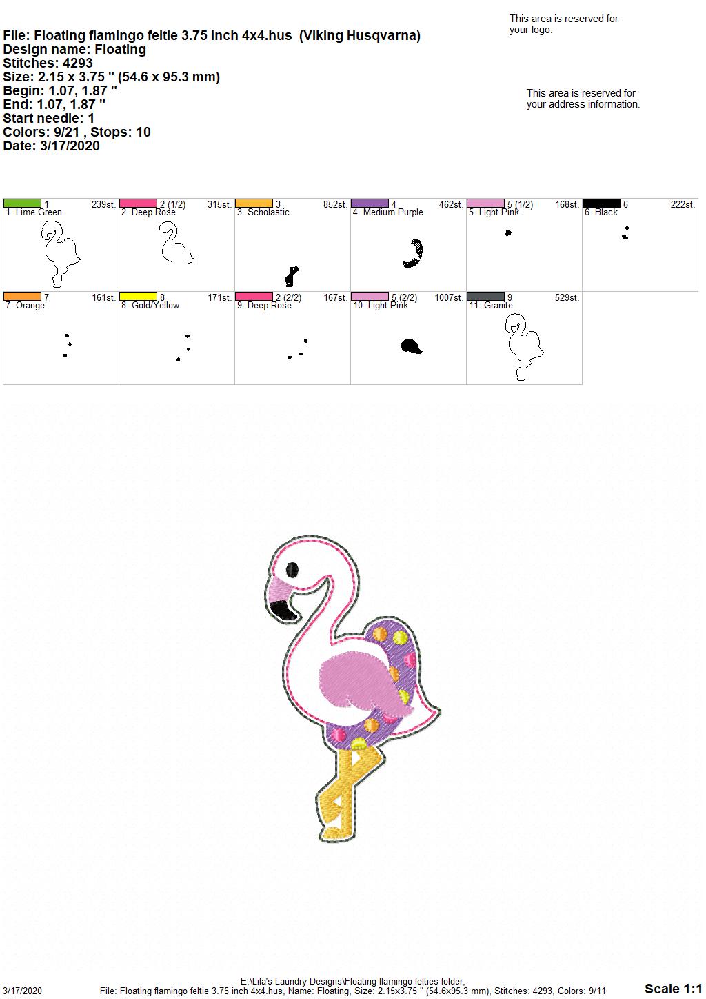 Floating Flamingo Felties - 3 sizes - 4x4 and 5x7 Grouped- Digital Embroidery Design