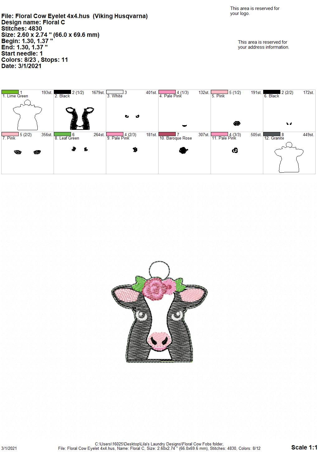 Floral Cow Fobs - DIGITAL Embroidery DESIGN