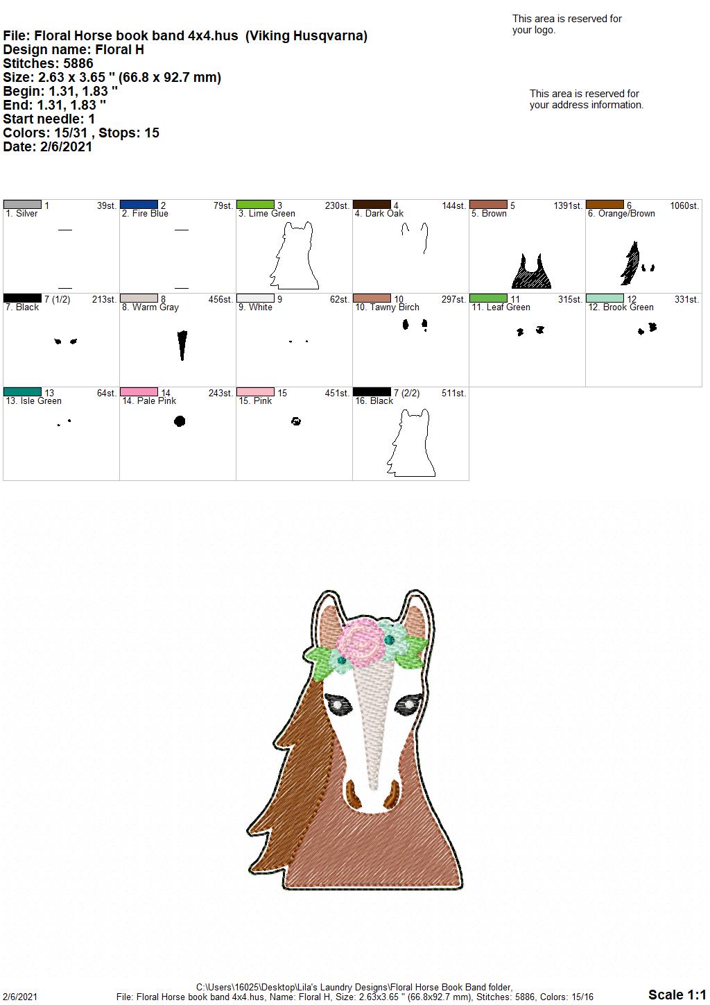 Floral Horse Book Band - Embroidery Design, Digital File