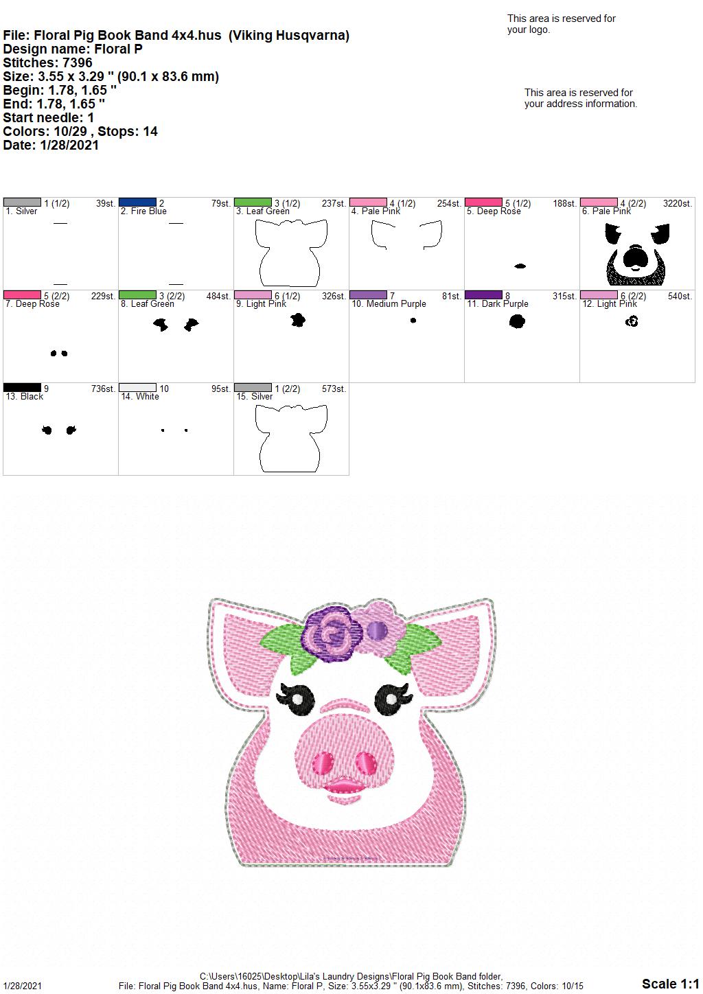 Floral Pig Book Band - Embroidery Design, Digital File