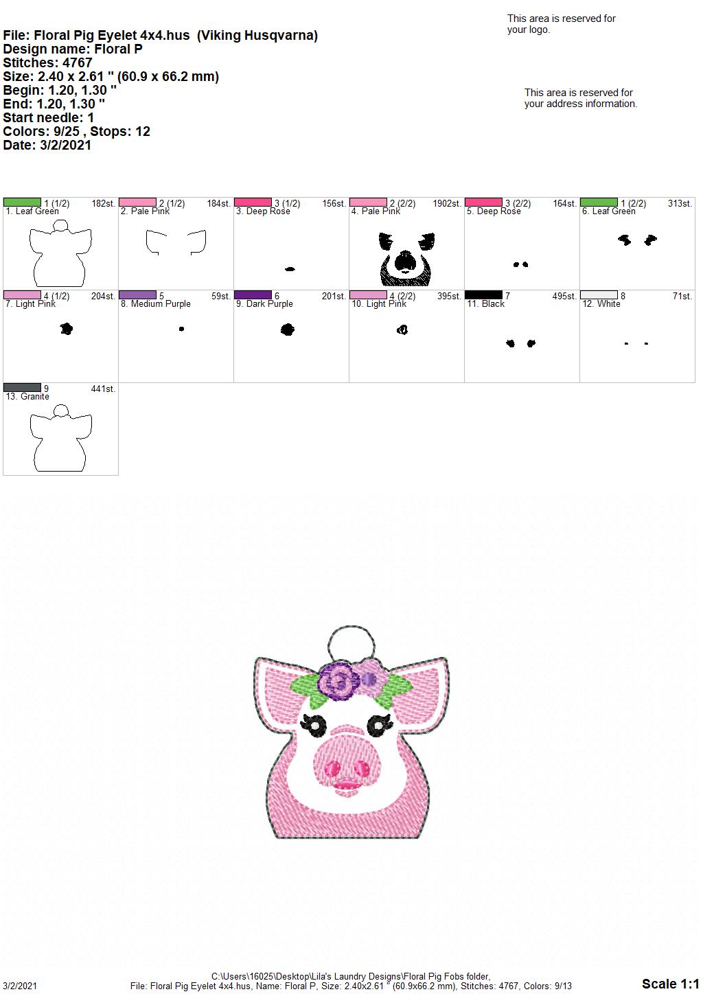 Floral Pig Fobs - DIGITAL Embroidery DESIGN