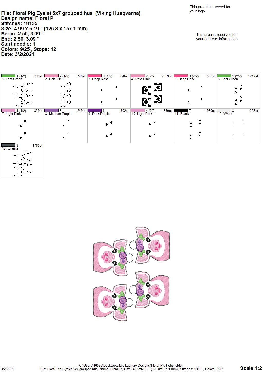 Floral Pig Fobs - DIGITAL Embroidery DESIGN