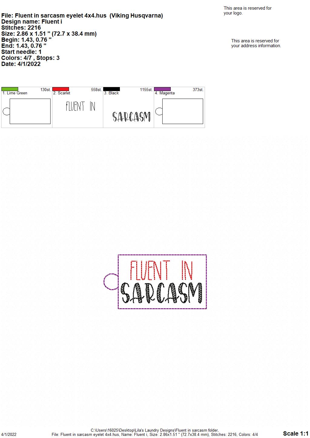 Fluent in Sarcasm Fobs - DIGITAL Embroidery DESIGN