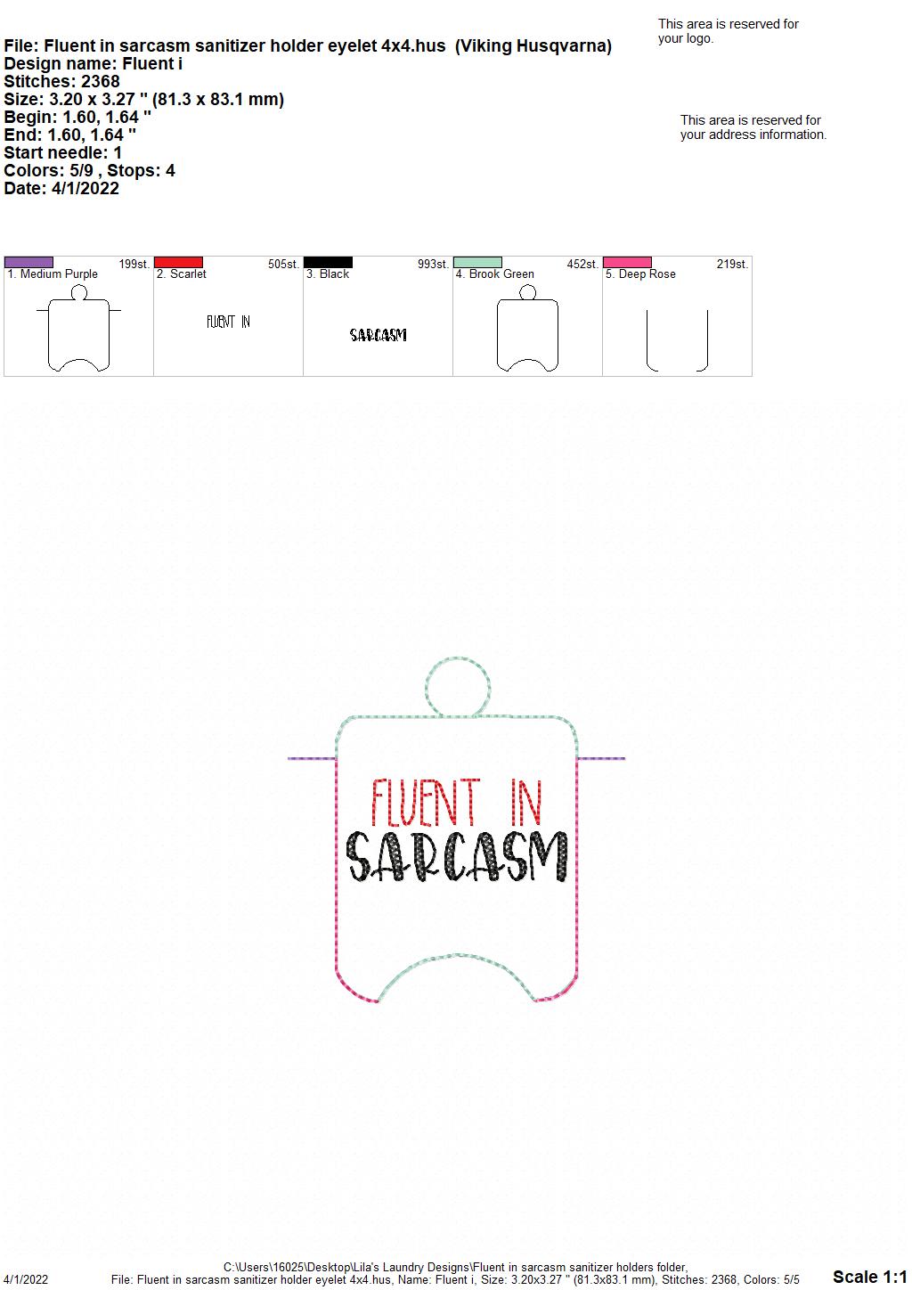 Fluent in Sarcasm Sanitizer Holders - DIGITAL Embroidery DESIGN