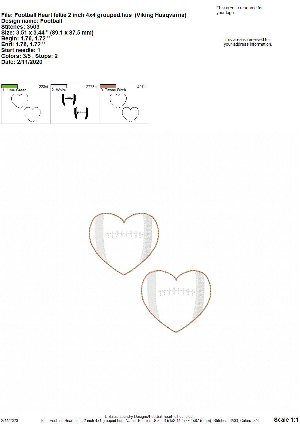 Football Heart Felties - 3 sizes - Digital Embroidery Design