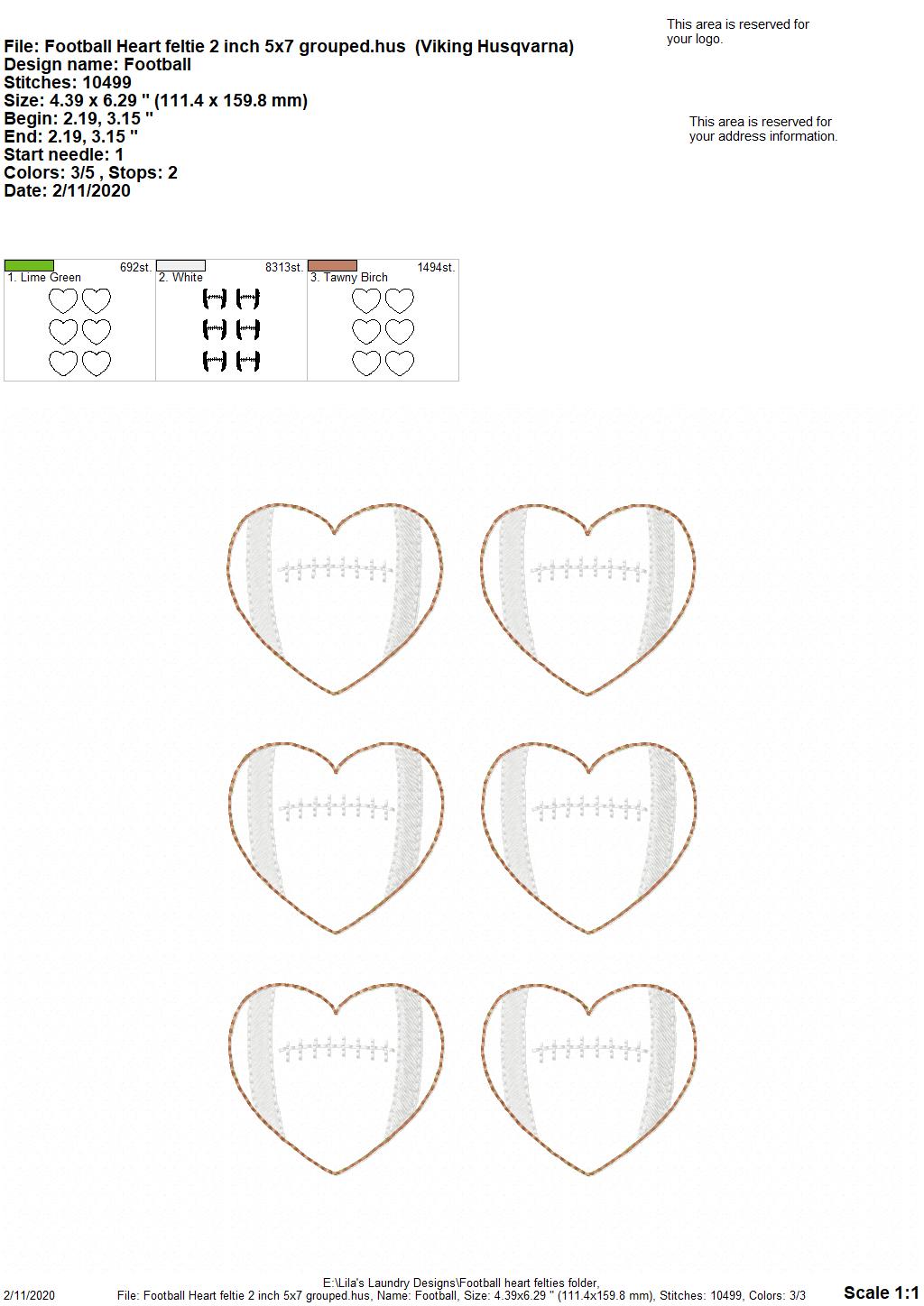 Football Heart Felties - 3 sizes - Digital Embroidery Design