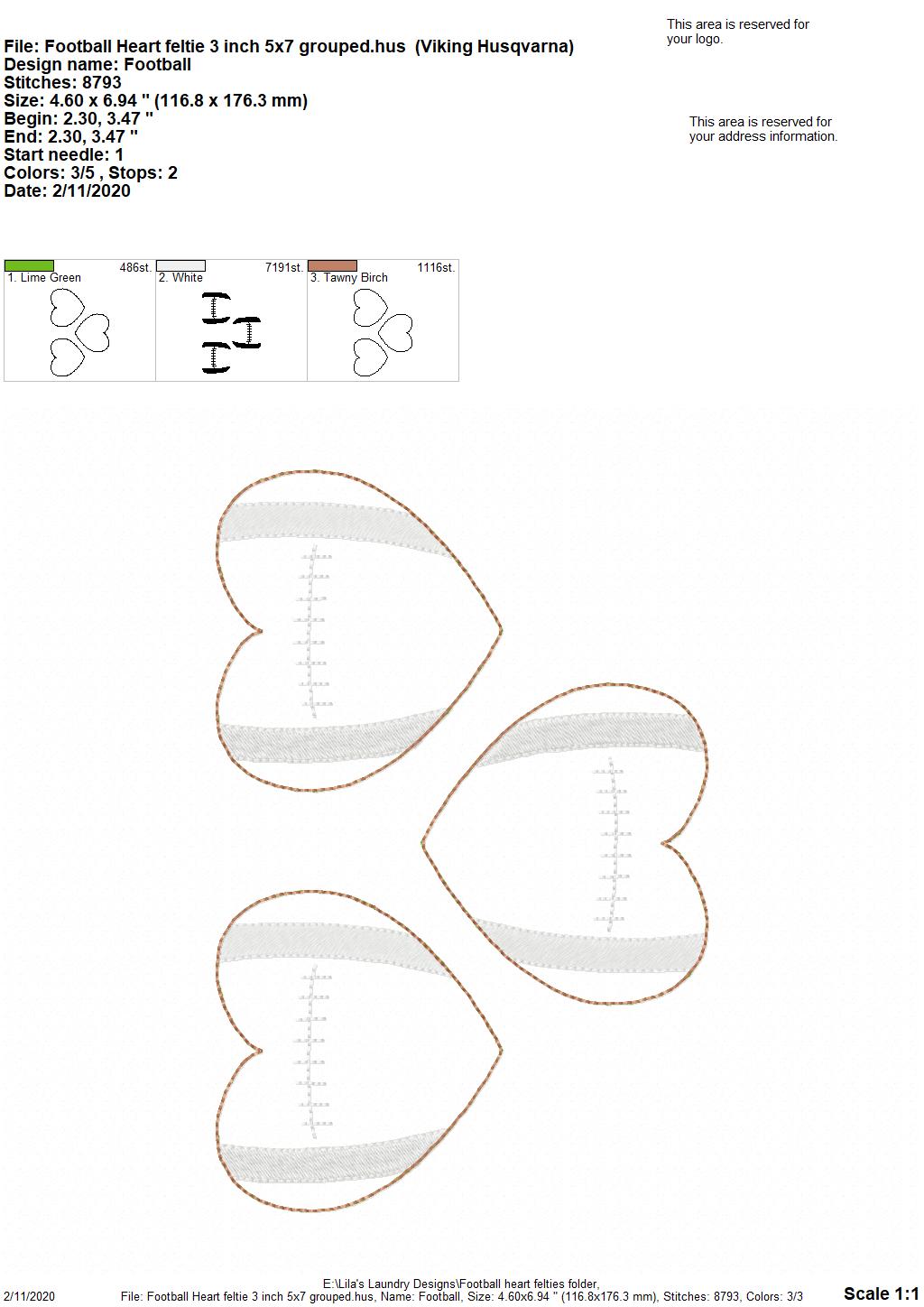 Football Heart Felties - 3 sizes - Digital Embroidery Design