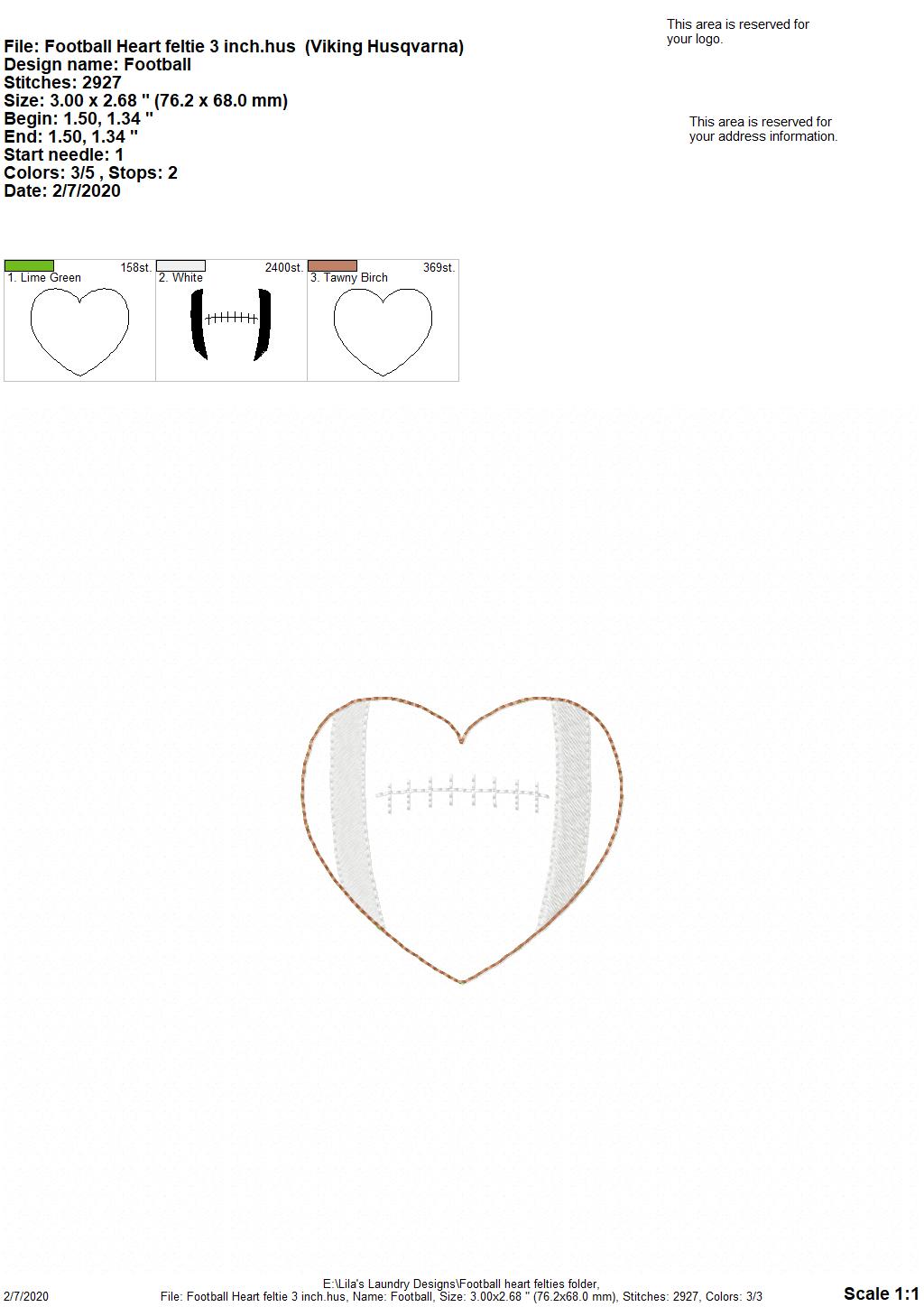 Football Heart Felties - 3 sizes - Digital Embroidery Design