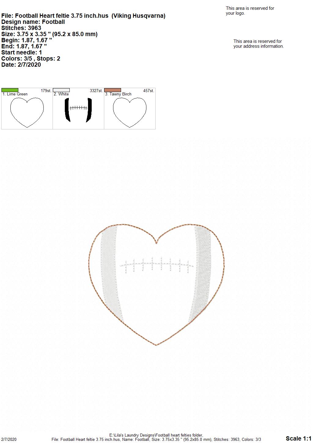 Football Heart Felties - 3 sizes - Digital Embroidery Design