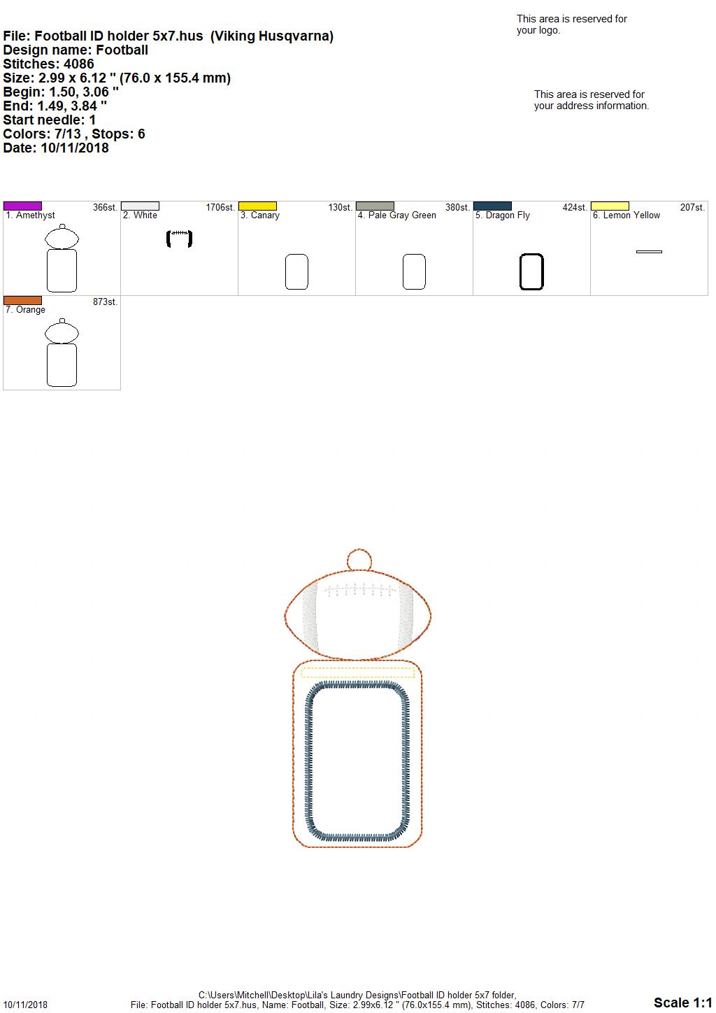 Football Vertical ID Holder 5x7 only - Digital Embroidery Design