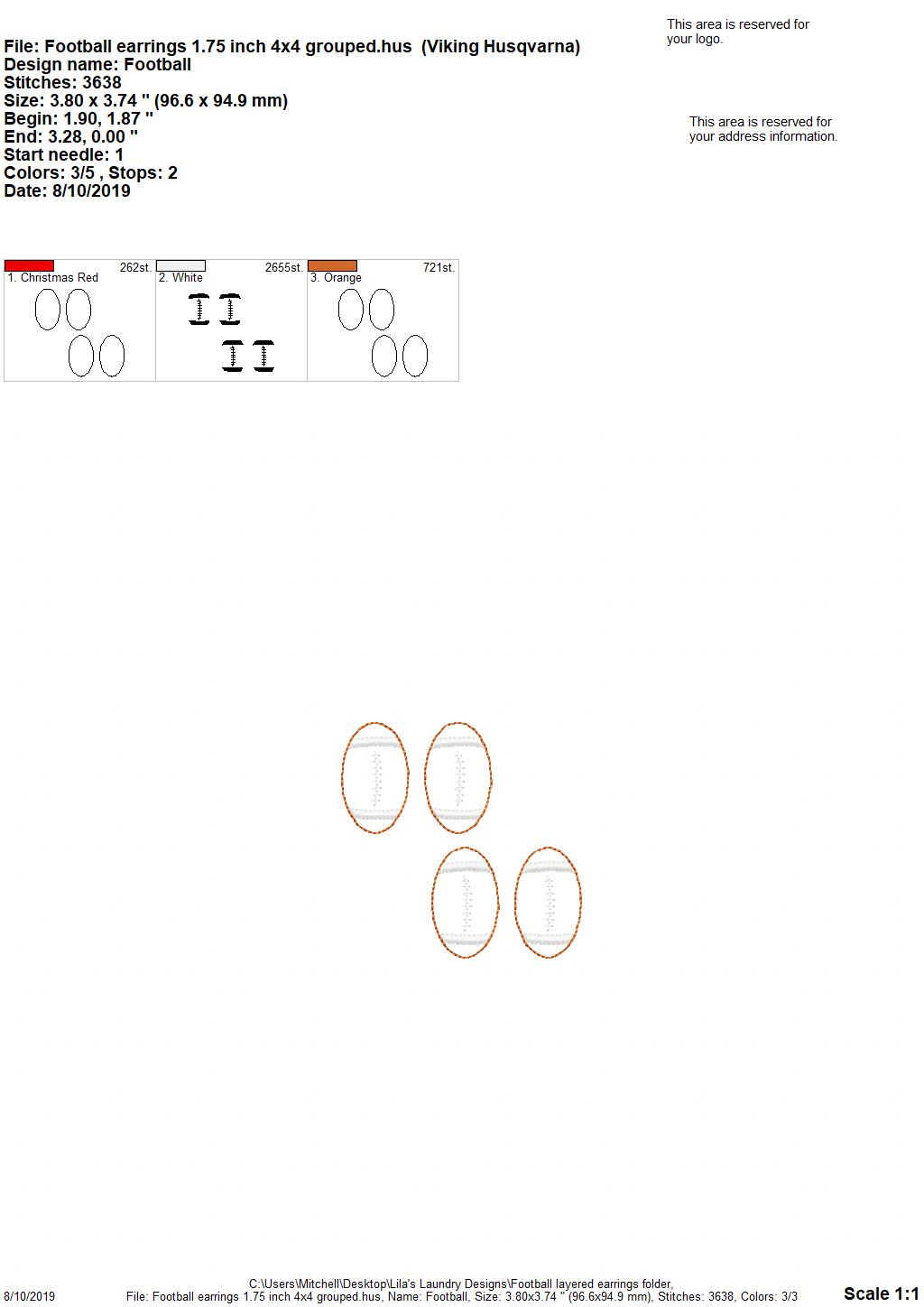 Football Layered Earrings - 3 sizes - Digital Embroidery Design