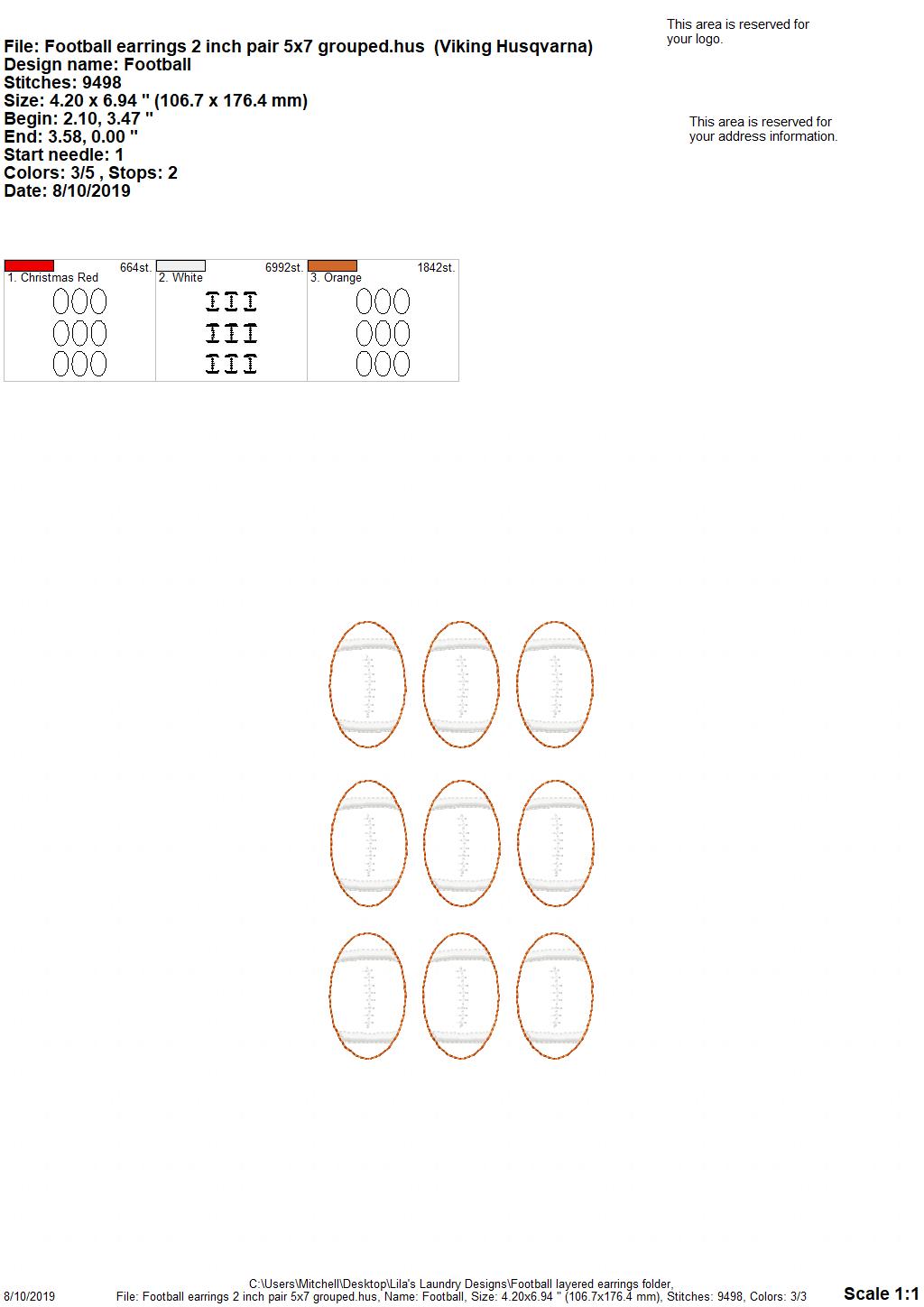 Football Layered Earrings - 3 sizes - Digital Embroidery Design
