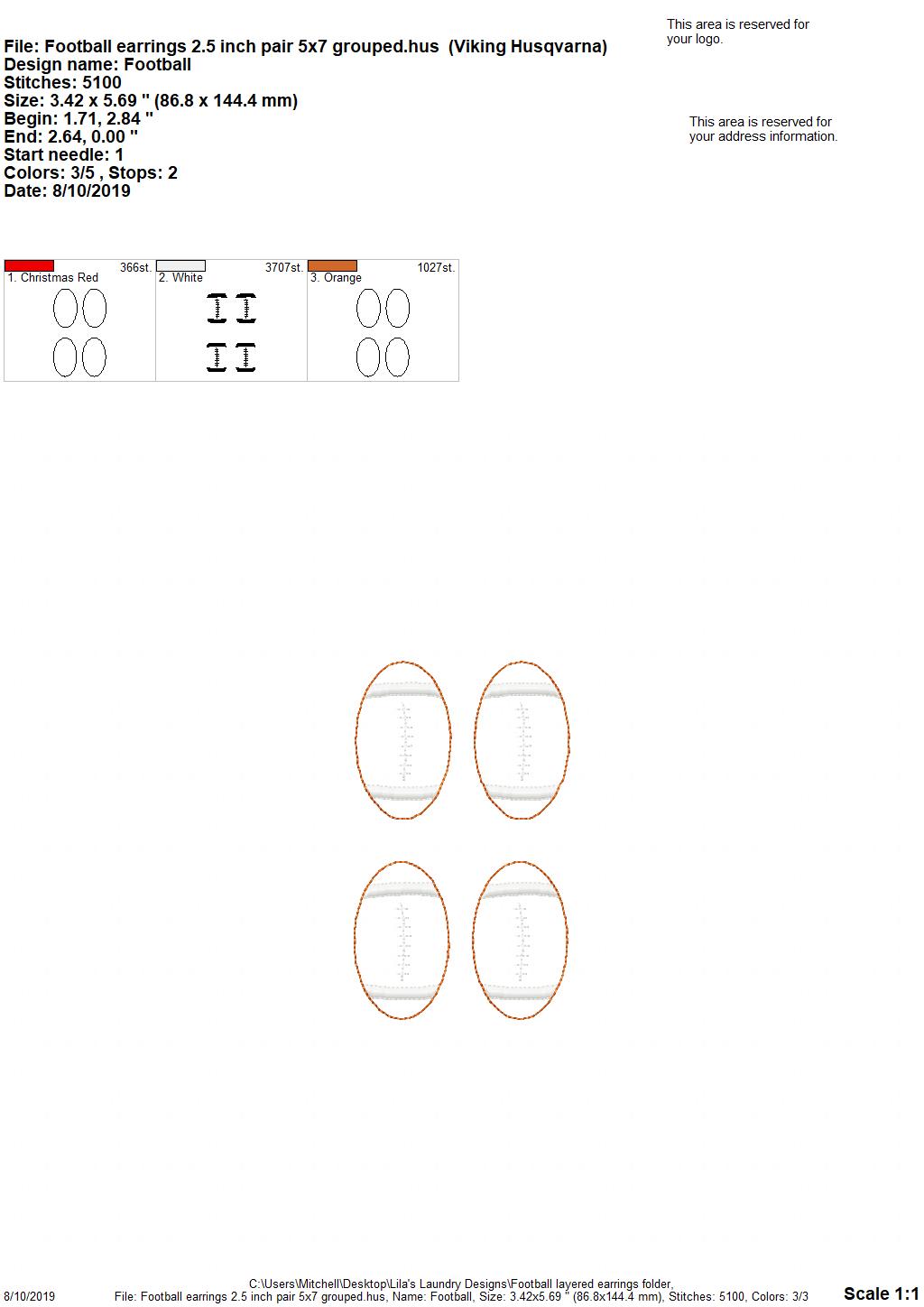 Football Layered Earrings - 3 sizes - Digital Embroidery Design