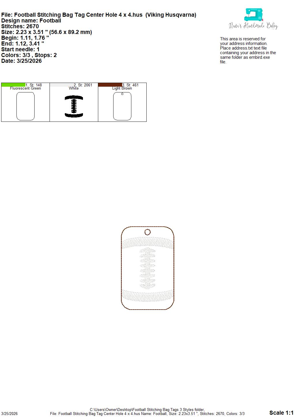 Football Stitching Bag Tag – 3 Styles Included – Digital Embroidery Design