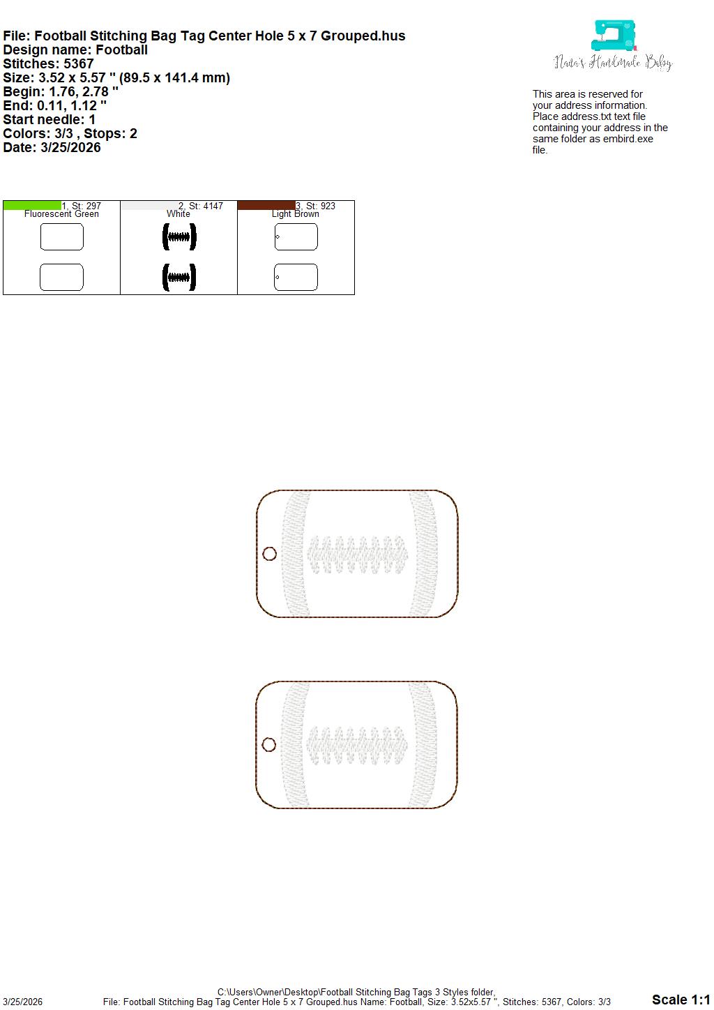 Football Stitching Bag Tag – 3 Styles Included – Digital Embroidery Design