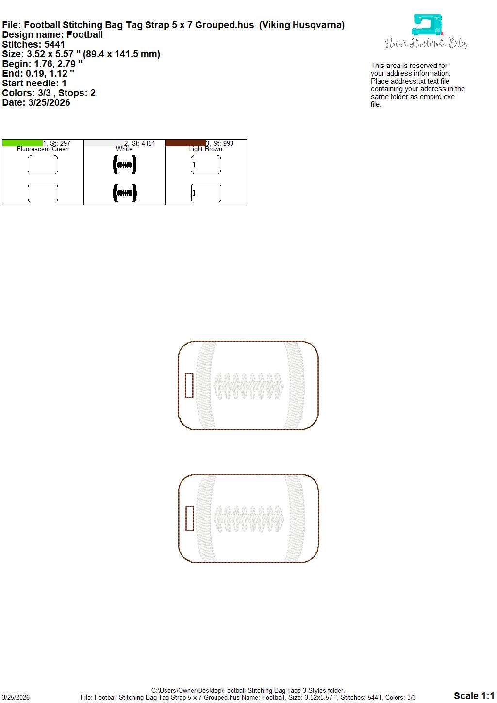 Football Stitching Bag Tag – 3 Styles Included – Digital Embroidery Design