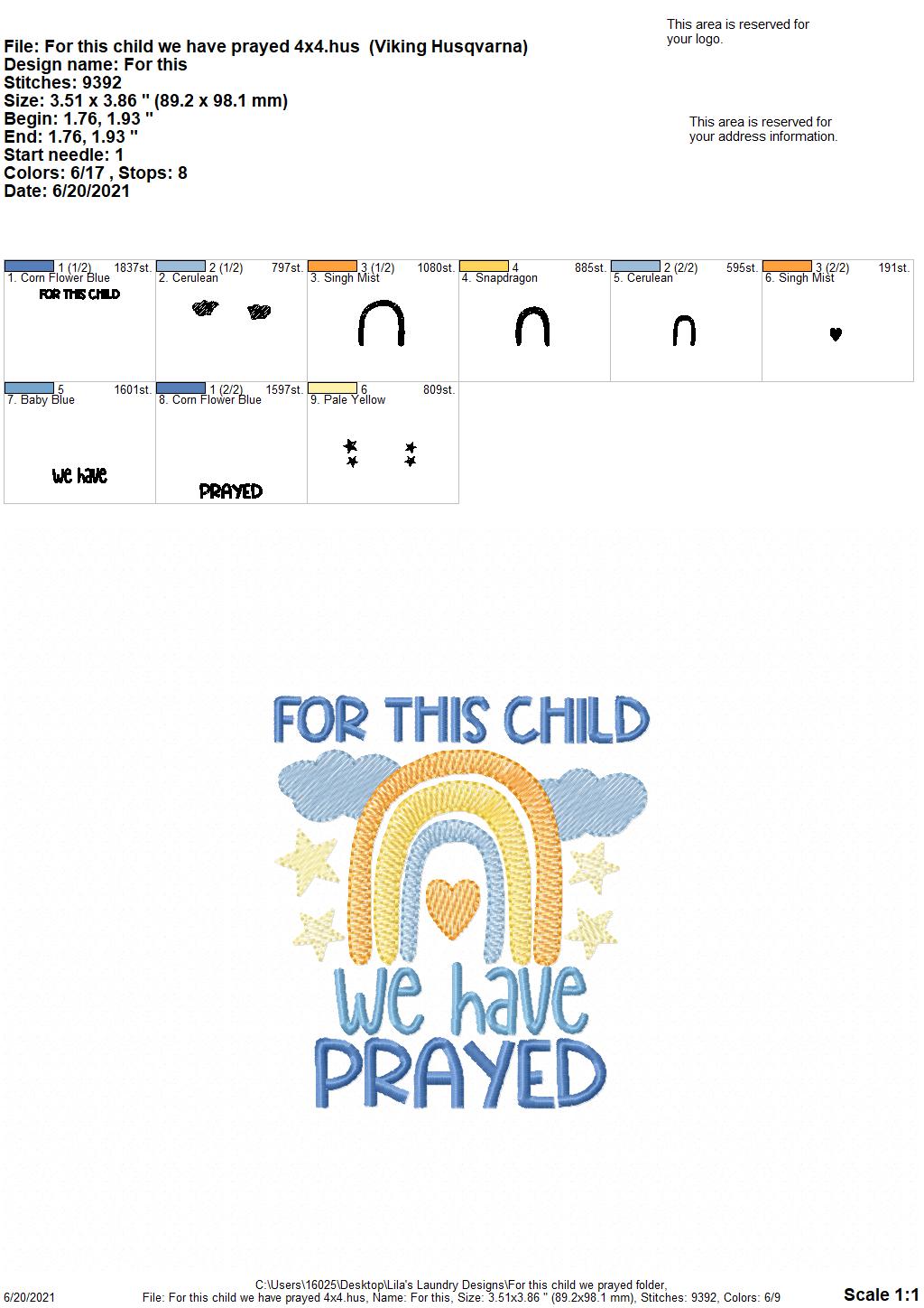 For this child we have prayed - 4 sizes- Digital Embroidery Design